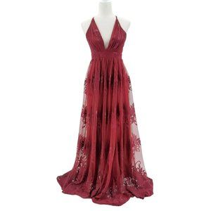 Luxxel Floral Lace Backless Sleeveless Maxi Maroon Dress Womens Small